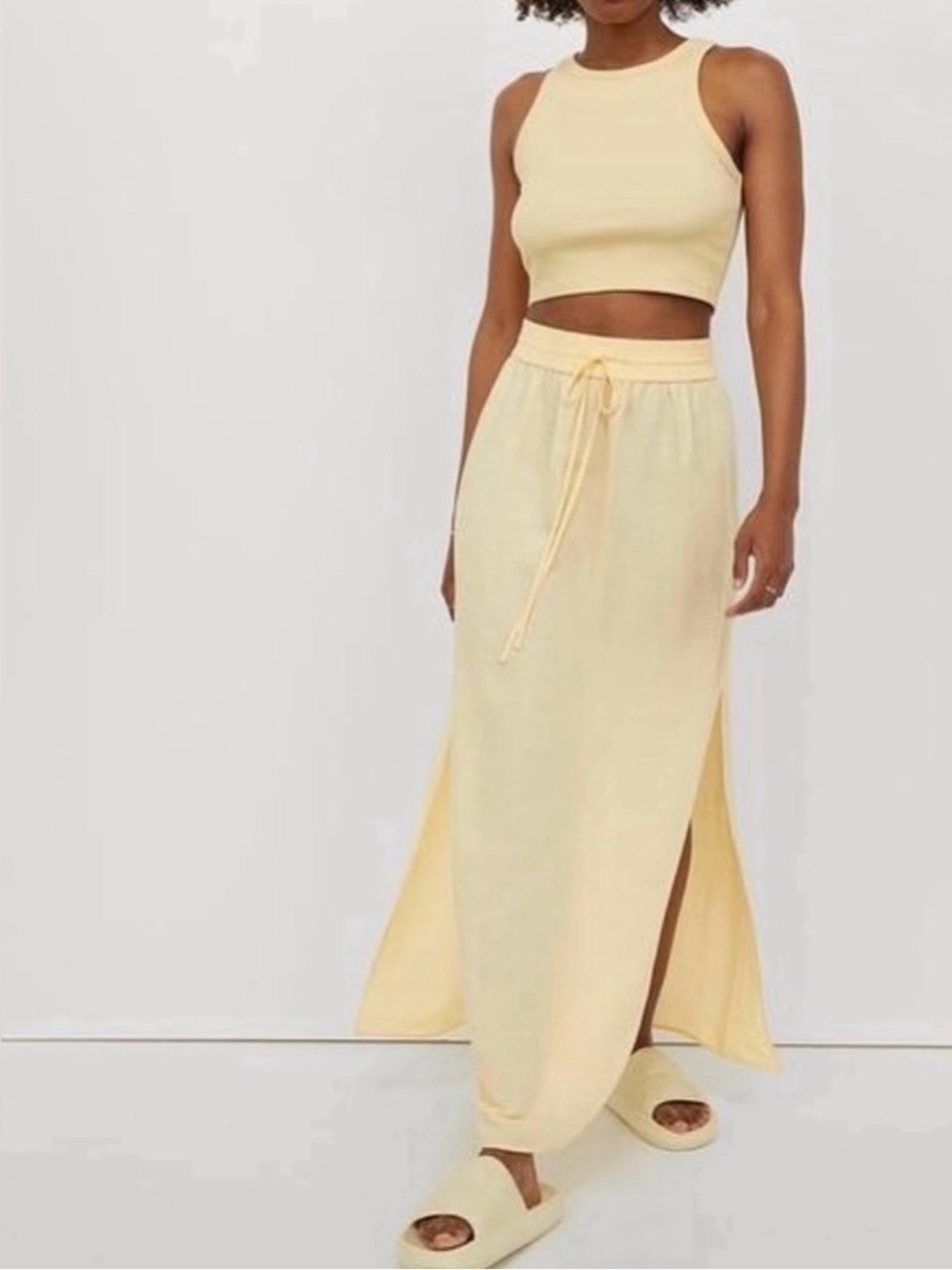 H&M butter Yellow linen Drawstring Maxi Skirt